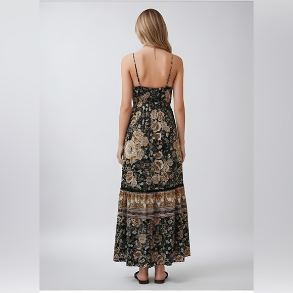 Boho Floral Print Drawstring Waist Fringed Ruffle Hem Cami Dress - Picture 5 of 11